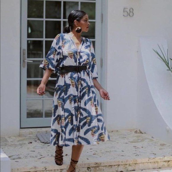 Desmond & Dempsey X H&M Banana Leaves Tropical Linen Tassels‎ Kaftan Maxi Dress - Picture 3 of 16